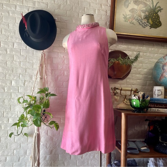 Vintage Dresses & Skirts - Vintage 1950s 1960s Mod Bubble Gum Pink Mini Shift Dress Embellished Collar